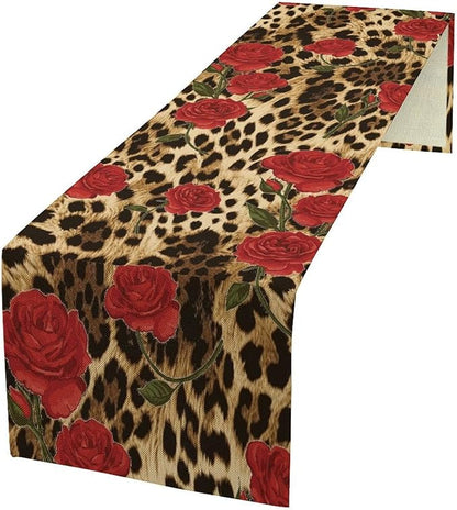 Red Rose Leopard Print Table Runner, Romantic Vintage Rose Flower Spring Summer Dinner Runner Table Decoration for Home Kitchen Dining Holiday Wedding Party 13x90in