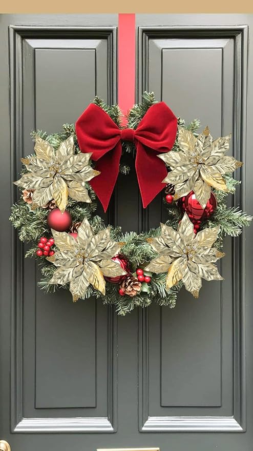 3 Pcs Artificial Christmas Flowers 11 Inch Glitter Poinsettia Picks Christmas Tree Ornaments Topper Decorations Champagne Poinsettias Flowers for Xmas New Year Wreath Garland Wedding Party Decor