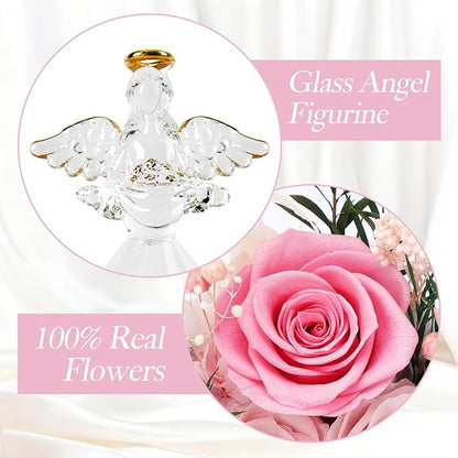 Casaido Christmas Rose Gifts for Women, 7" Pink Preserved Roses Flowers in Glass Angel Figurine, Birthday Gift for Mom Wife Grandma, Eternal Rose for Mothers Day Valentines Anniversary