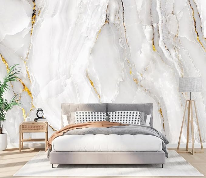 PYFFYP- Gold with White Marble Wallpaper Wall murals for Bathroom(Not Peel and Stick)