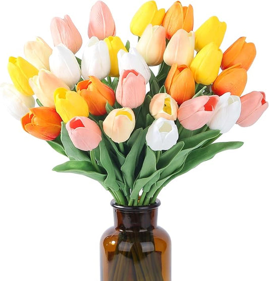 SITUMEIZI Fake Flowers Tulips Artificial Silk Flower 15pcs Real Touch 14" for Spring Easter Home Kitchen Wedding Bouquet Bulk Mother's Gift Day Decorations(Multicolor,5-2)