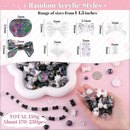 Assorted Acrylic Beads, 200-260PCS Black Cute Beads for Bracelet Making, GummyBear Bow Flower Candy Kawaii Charms for Jewelry Making DIY Necklace Keychain Phone Charm Christmas Gift