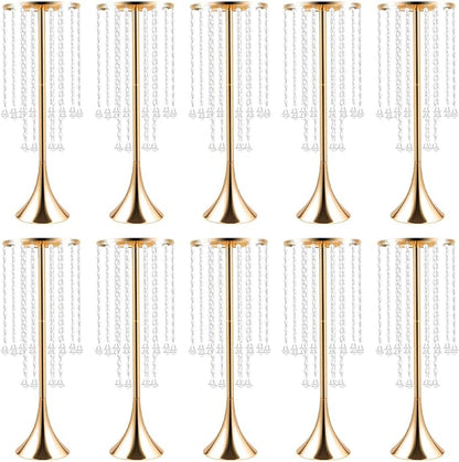 10 Pack 21.9"/55.6cm Tall Crystal Beaded Flower Stands, Metal Wedding Centerpiece Vases for Table/Aisle Decor - Reusable Event Centerpieces for Home, Party, Hotel (Gold)
