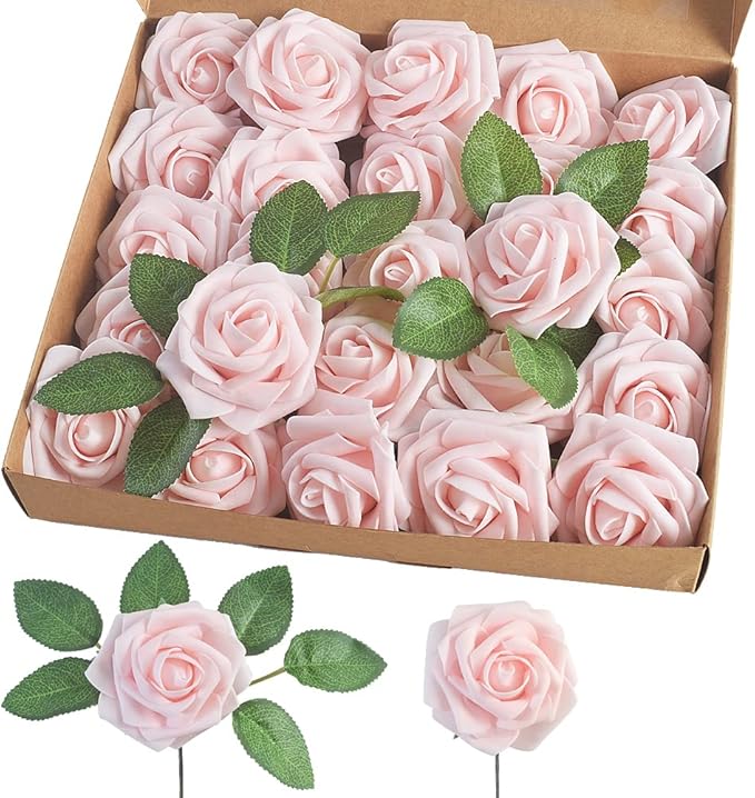 homEdge Artificial Rose, 25pcs Foam Artificial Flowers with Stem for Home Decorations, Wedding Bouquets, Party, Certerpieces, Anniversaries-Champagne Pink