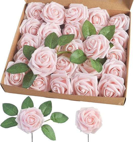 homEdge Artificial Rose, 25pcs Foam Artificial Flowers with Stem for Home Decorations, Wedding Bouquets, Party, Certerpieces, Anniversaries-Champagne Pink