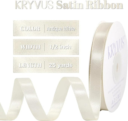 Antique White Satin Ribbon, Double Faced 1/2 Inch X 25 Yards Antique White Ribbon, Premium Satin Ribbon for Gift Wrapping, Crafts, Hair Bow Making, Sewing, Flower Bouquet, Wedding Party Decor