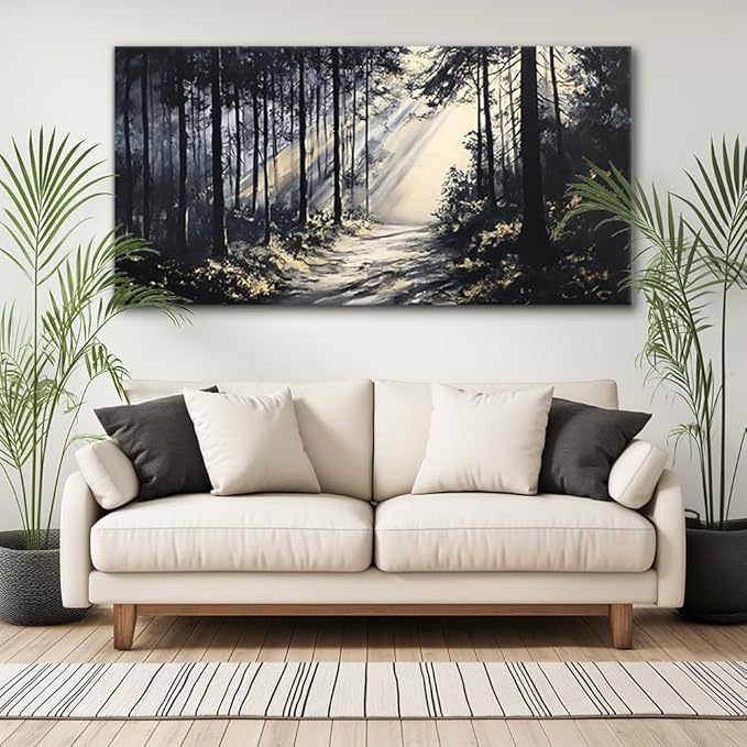 LAVIKARS Rustic Sunlight Forest Wall Art for Living Room Office Black and White Modern Landscape Canvas Painting Prints Large Nature Artwork Home Kitchen Bedroom Decor (28x58 Inches)