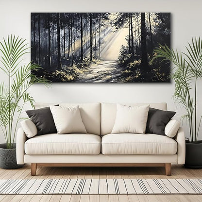 LAVIKARS Rustic Sunlight Forest Wall Art for Living Room Office Black and White Modern Landscape Canvas Painting Prints Large Nature Artwork Home Kitchen Bedroom Decor (28x58 Inches)