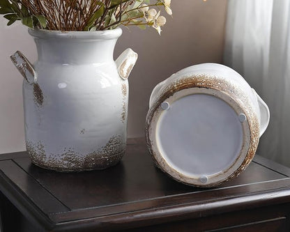 Quoowiit Ceramic Rustic Farmhouse Vase, Distressed Decorative Flower Vase for Home Decor, Ideal Shelf Decor, White Boho Vase for Living Room Bedroom Kitchen Office Decor Centerpiece Table Decorations