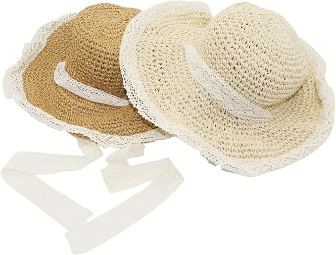 Ladies Wide Brim Beach Straw Hat Summer Vacation Sun Protection Hat Braided Lace Edge Hat Soft Foldable Lightweight