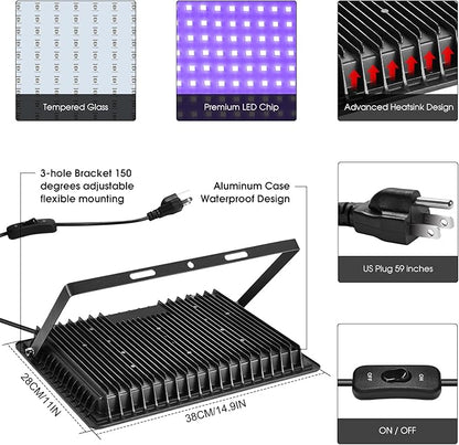 200W 4 Pack LED Black Light, Outdoor Blacklight Flood Lights with Plug and Switch, IP66 Rated for Glow in The Dark, Halloween Party, Body Paint, Aquarium