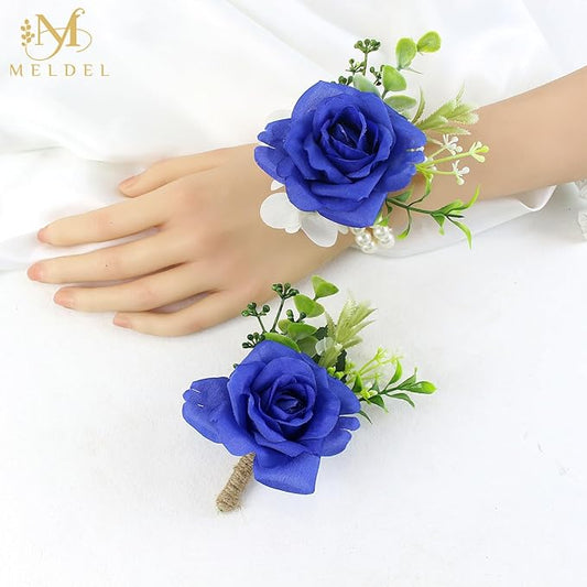 Meldel Boutonniere and Wrist Corsage for Wedding, Set of 2, Pearls Wristlet Corsage for Bride Bridesmaids, Boutonniere for Man Groom Best Man Wedding Flower Accessories Prom Ceremony Party Suit Decor
