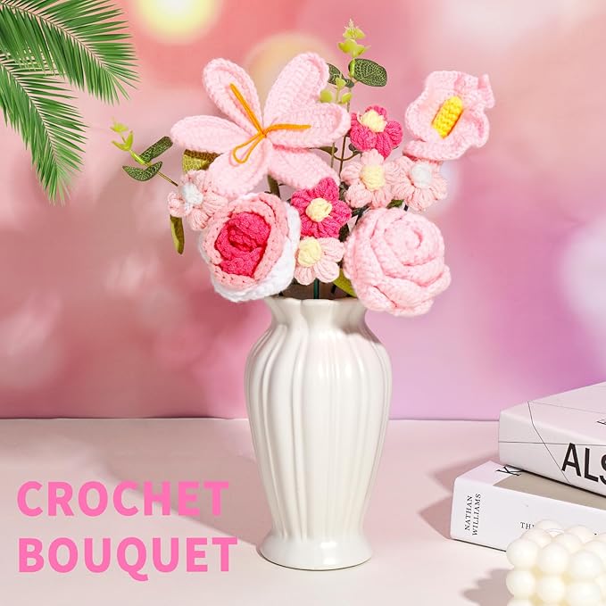 Crochet Flowers Bouquet, Handmade Knitting Crochet Flowers, Tulips Flower and Calla Lily Bouquet for Birthday, Gifts for Women, Valentines (Pink)