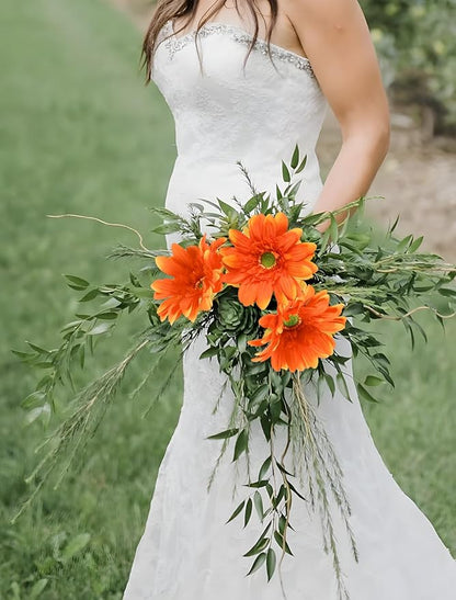 Orange Gerbera Daisy Artificial Flowers – Real Touch Artificial Wildflowers 5PCS, Long Stem Faux Daisies for Fall Home Décor, Home Table Centerpieces, or Wedding Arrangements
