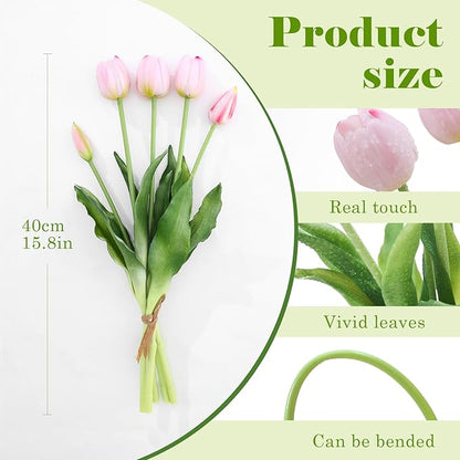 15PCS Artificial Tulips Real Touch Light Pink Faux Latex Flowers Lifelike Fake Tulip Bouquet Flowers Arrangements for Wedding Home Kitchen Garden Table Party Decoration