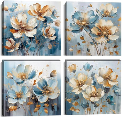 Pankila White Flower Wall Art Floral Pictures Blue and White Canvas Flowers Wall Decor Life Poster for Living Room Bedroom Bathroom Home Decorations Framed Artwork Ready to Hang (12''W x 12''H x 4)