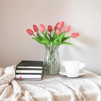 10-Heads Artificial Flowers PU Mini Real Touch Tulip Bouquets for Home Wedding Party Centerpiece Decoration (Gradient Coral)