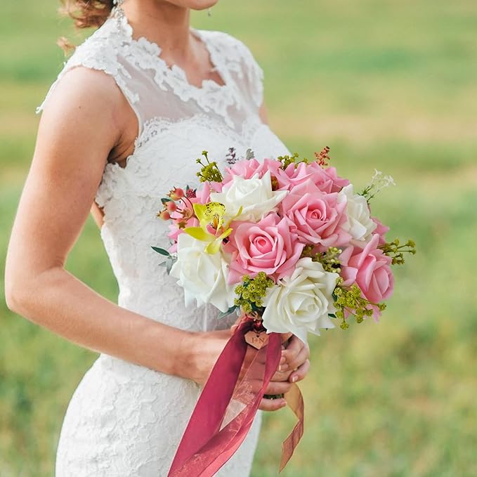 10pcs Real Touch Roses Stems Artificial Flowers, Pink Lifelike Full Bridal Bouquet for Flower Arrangement Spring Home Party Wedding Decoration