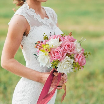 10pcs Real Touch Roses Stems Artificial Flowers, Pink Lifelike Full Bridal Bouquet for Flower Arrangement Spring Home Party Wedding Decoration