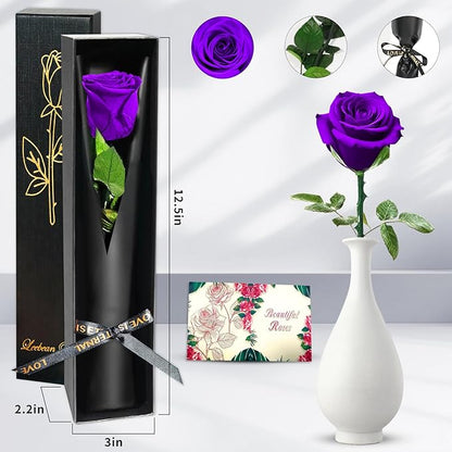 Purple Single Forever Roses in a Box,Preserved Flowers for Delivery,Preserved Rose Gifts for Women, Real Roses Gift for Her, Mom Birthday Gifts, Mothers Day Flowers,Valentines Flowers