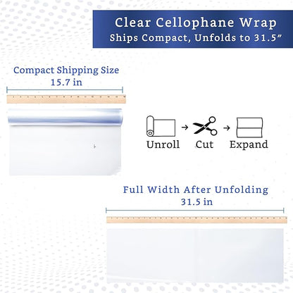 FIESTA WRAPS 220 ft Clear Cellophane Wrap Roll (31.5 in x 220 ft) - Cellophane Roll - Clear Wrapping Paper to Wrap Gift Baskets - Gift Basket Wrapping Supplies - Papel Celofán Transparente