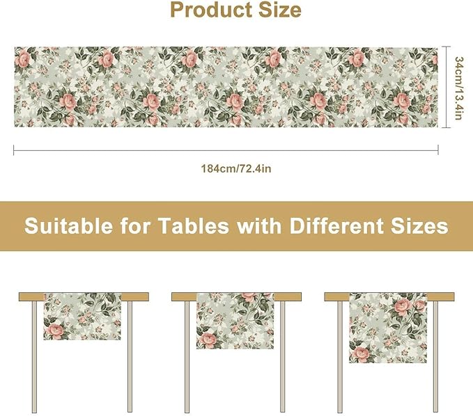 Rose Floral Table Runner, Green Pink Rose Leaf Classic Vintage Decorative Table Runner for Kitchen Dining Party Wedding Home Decor, 13x36 Inch