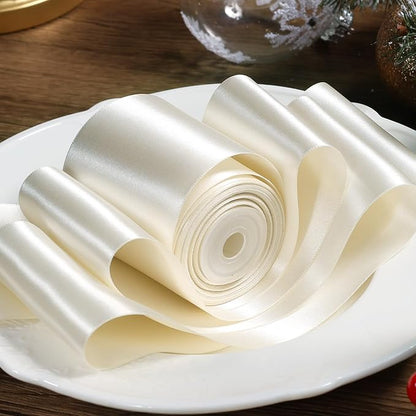 LaRibbons Ivory Satin Ribbon 4 Inch x 10 Yards Double Faced Luxury Silk Ribbon for Christmas Gift Wrapping, Holiday Bows, Christmas Wreath Sash Wedding Decorations and Party Crafts