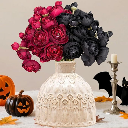 ASTRYAS 24Pcs Black Red Ranunculus Artificial Flowers, Silk Fake Ranunculus Wedding Bouquet for Halloween Home Decor Floral Arrangement Table Centerpieces(Red, Black)