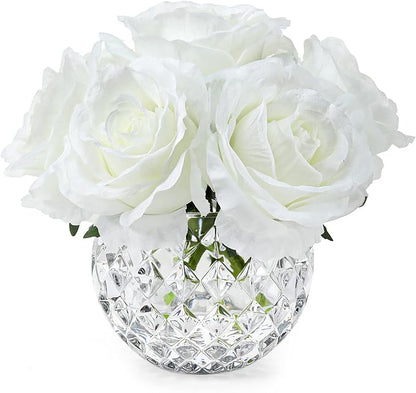 7 Large Stem Rose Artificial Flowers in Vase, Silk Flowers Arrangement in Round Glass Vase Without Water for Home Decor, Wedding Table (Cream)