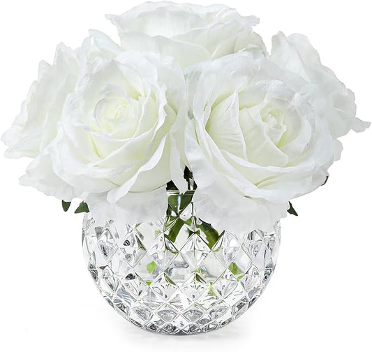 7 Large Stem Rose Artificial Flowers in Vase, Silk Flowers Arrangement in Round Glass Vase Without Water for Home Decor, Wedding Table (Cream)