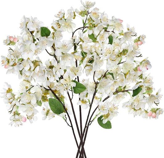 DILATATA Artificial Cherry Blossom Flowers 5 Pcs Silk Cherry Blossom Stems 22 Inch Long Stems Faux Silk Peach Flowers for Tall Vase Spring Decor Wedding Party Home Table Arrangement - White