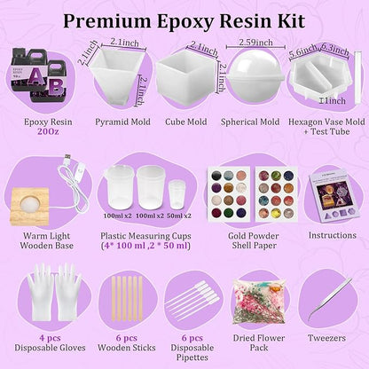 K KERNOWO Epoxy Resin Kit with Light for Beginners, Resin Kit and Molds Complete Set DIY Crafts for Adults Women, Epoxy Set with Vase Mold, 3D Dried Flowers, Measuring Cups and Resins Supplies-20OZ