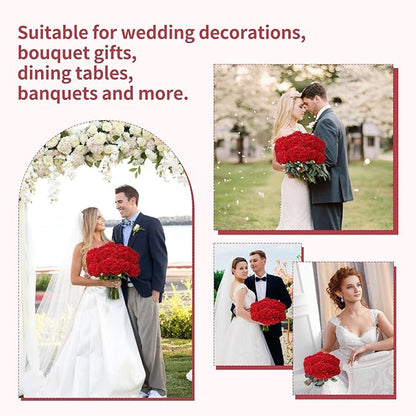 52 PCS Red Roses Artificial Flowers, Fake Red Rose Bouquet, Artificial Silk Red Roses with Stems for Wedding Flowers Decoration, Valentines Day Mothers Day, Bridal Bouquet Roses