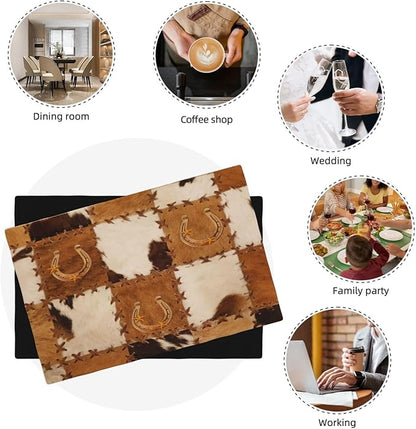 Vintage Cowhide Animal Placemats, Old West Country Cow Animal Fur Patchwork Abstract Horseshoe Print Washable Fabric Placemats Table Kitchen Dining Party 12x18 Inch Set of 6