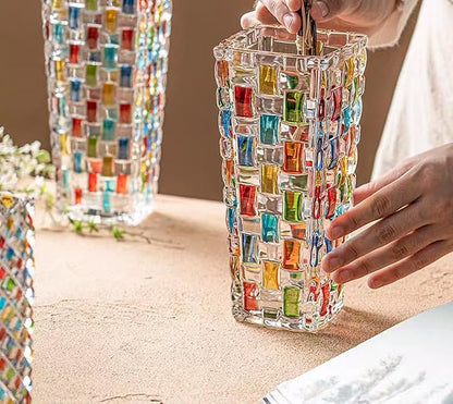 Magcolor Hand Painted Colorful Woven Glass Vase -Crystal Flower Vase- 7.7 inch, Glass Plant Vase for Floral Arrangements, Centerpieces, Weddings, Housewarming, Centerpiece Home Deco