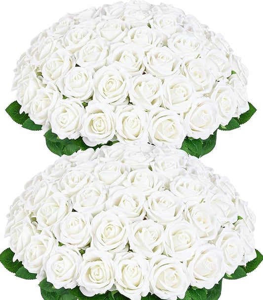 BLEUM CADE 50 Pcs White Roses Artificial Flowers, Real Touch Velvet Roses Fake Flowers Bulk, Artificial Roses Bouquet with Long Stems Bridal DIY Wedding Party Centerpiece Decorations