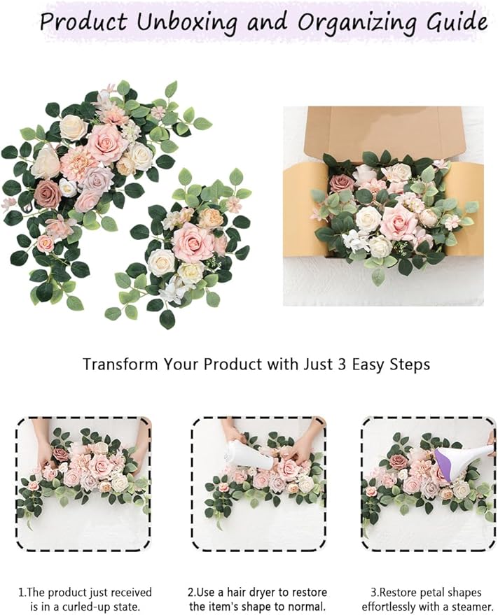 Pack of 2 Artificial Flowers for Backdrop Decoration, Wedding Arch Flowers,Reception Welcome Sign, Eucalyptus Garland, Suited to Aisle Decor and Wedding Arches(Champagne Pink)