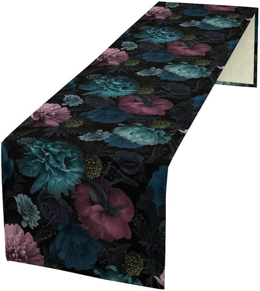 Blue Pink Flowers Table Runner, Boho Rose Flower Blossom Rustic Vintage Garden Peonies Spring Table Runner for Home Kitchen Dining Table Indoor Outdoor Party, 13x60inch