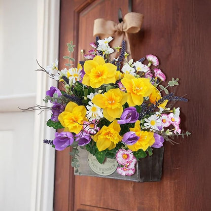 Fake Flowers Outdoor 15.7" Summer Artificial Wildflowers Bouquet Mixed Bush Faux Silk Flowers for Home Planter Porch Garden Cemetery Table Centerpieces Indoor Décor (Daffodils Tulips Daisies)