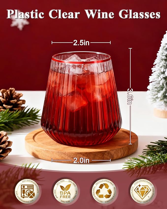 BESTSTAR 36 Pcs 12 oz Plastic Clear Red Rim Ribbed Wine Glasses, Origami Ripple Disposable Champagne Glasses Elegant Whiskey Glasses Ideal for Weddings, Bars, Christmas, Pool Party, Daily Use