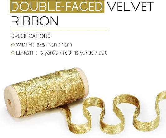 Gold Velvet Ribbon Double-Sided Handmade Glossy Fabric Trim Wooden Spool Thin Ribbons for Christmas Tree Gift Wrapping Crafts Wedding Flower Bouquet 3/8 inch x 5YD 3 Rolls