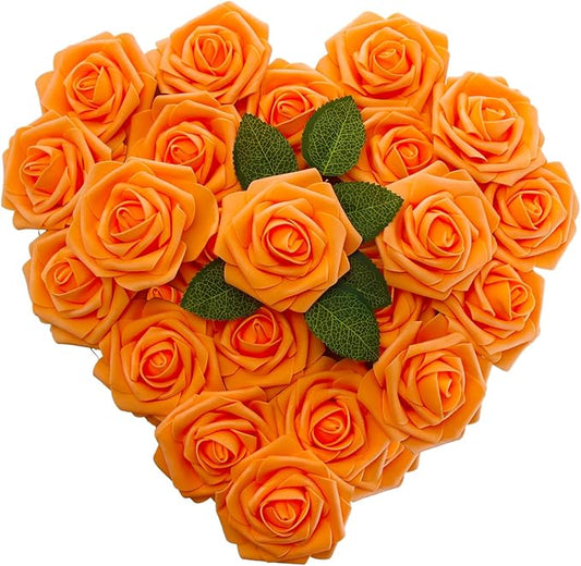 [25PCS] Orange Roses Artificial Flowers with Long Stem Real Touch Fake Foam Roses for Decoration DIY Wedding Bouquets Centerpieces Bridal Shower Flower Arrangements Home Decor