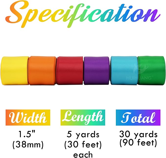 HUIHUANG Rainbow Ribbon 1-1/2 inch Colored Double-Faced Satin Ribbon for Gift Wrapping, Bows Making, Hairs, Flower Bouquets, Crafts, Pride Day, Birthday Party Decor- 6 Rolls, Total 30 Yards
