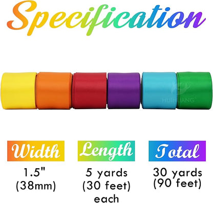 HUIHUANG Rainbow Ribbon 1-1/2 inch Colored Double-Faced Satin Ribbon for Gift Wrapping, Bows Making, Hairs, Flower Bouquets, Crafts, Pride Day, Birthday Party Decor- 6 Rolls, Total 30 Yards