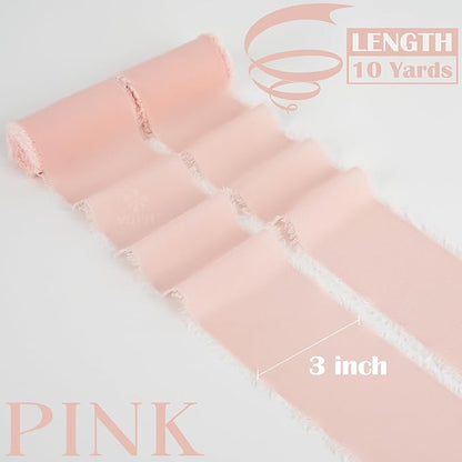 MEEDEE Blush Chiffon Ribbon 3 Inch Fringe Ribbons Pink Chiffon Silk Frayed Edge Ribbon Wide Chiffon Ribbons for Crafts, Flower Bouquet, Wedding Favors Wrapping (2 Rolls 10 Yards)