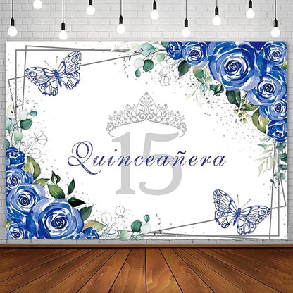 SENDY 8x6ft Quinceañera Backdrop Mis Quince 15 Anos Birthday Party Decoration Supplies for Girl Princess Royal Blue Floral Butterfly Silver Crown Photography Background Banner Photo Booth Studio Props