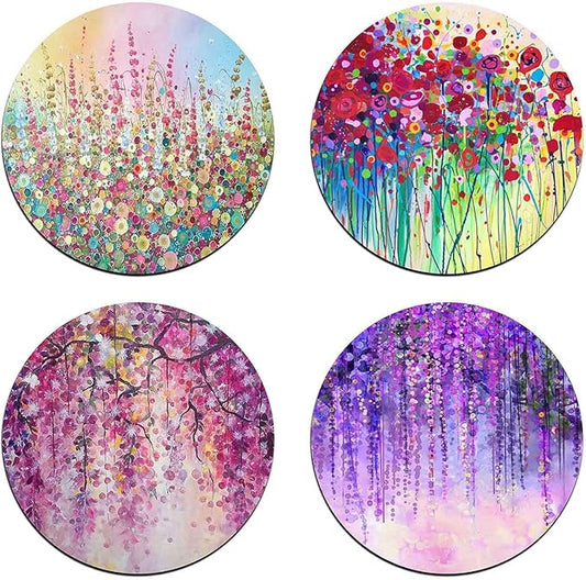 Colorful Watercolor Flowers Round Coaster Set - Made of Recycled Rubber - Set of 4