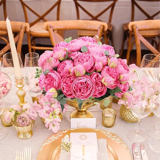 DEEMEI Artificial Peony Flower Silk Peonies Bouquet 4 Bundles Fake Flowers Bulk for Home Wedding Party Decor (Red Rose)