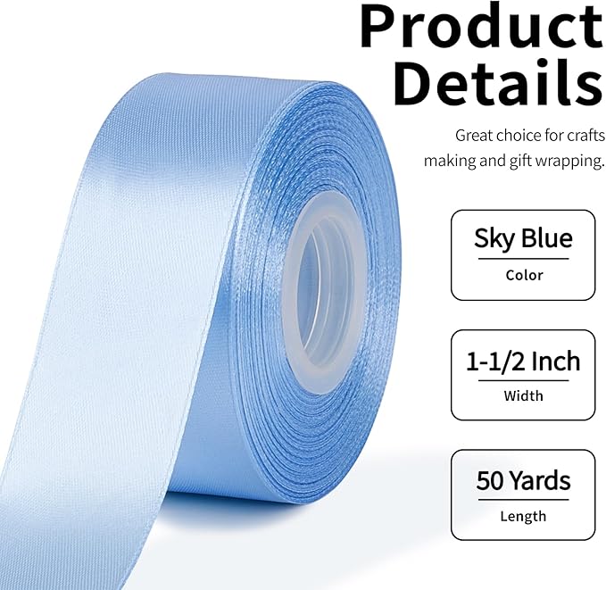 1-1/2 Inch Wide Sky Blue Satin Ribbon, 50 Yards Solid Polyester Fabric Ribbon for Roses Making, Gift Wrapping, Christmas, Wedding Decorations, Crafts, Bows