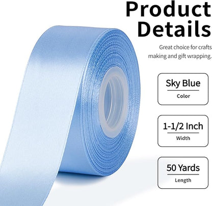 1-1/2 Inch Wide Sky Blue Satin Ribbon, 50 Yards Solid Polyester Fabric Ribbon for Roses Making, Gift Wrapping, Christmas, Wedding Decorations, Crafts, Bows